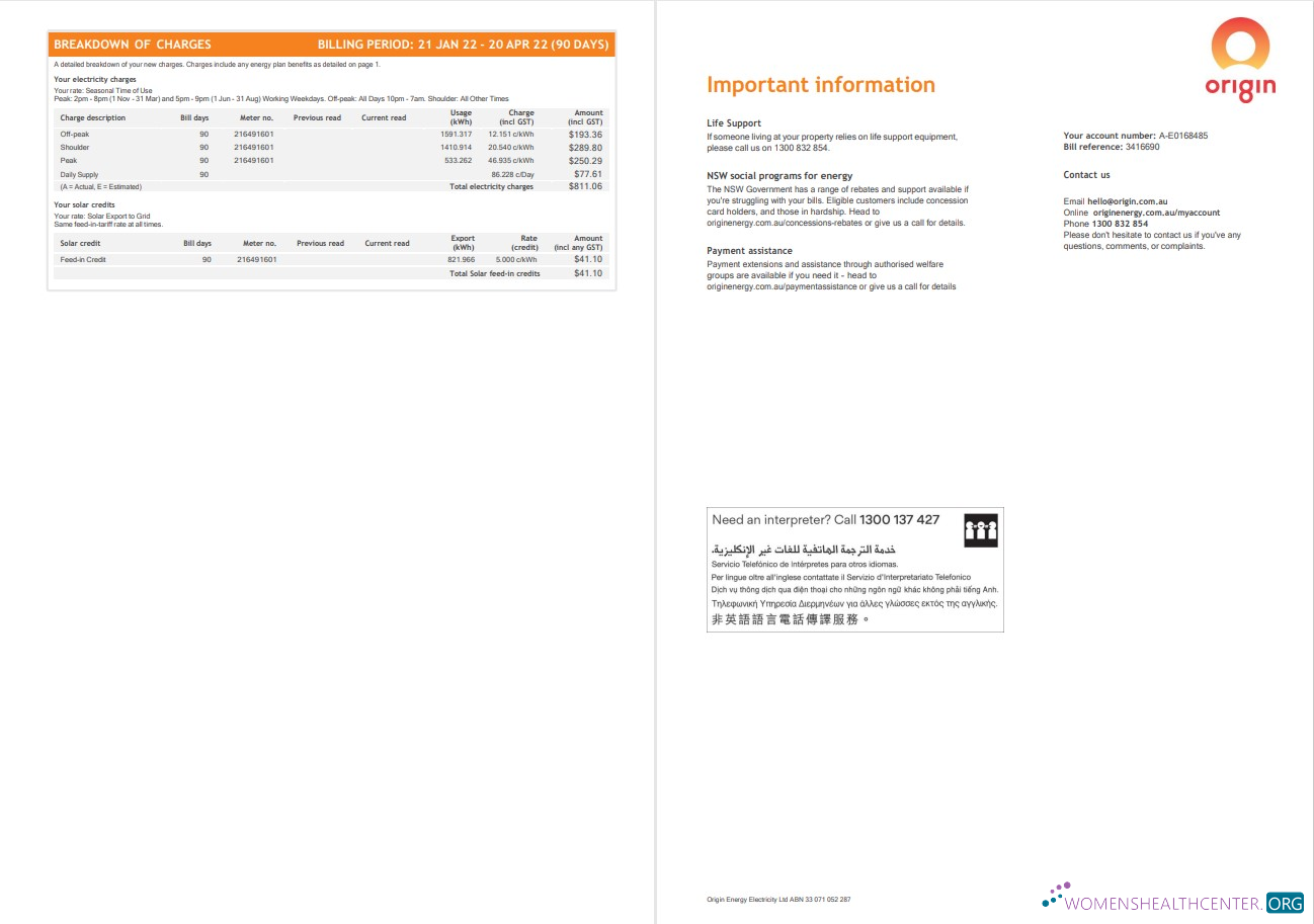 download download Australia Origin utility bill, Word and PDF template, 4 pages 3 4 PDF template PDF template